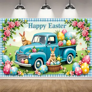 1pc Happy Easter Backdrop Spring Bunny Photography Style Multiple Sizes Colorful Eggs Floral Grass Design Perfect for Baby Shower Birthday Party Cake Banner Photo Props