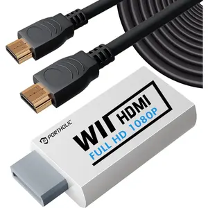 PORTHOLIC Wii to HDMI Converter 1080P with 5FT/1.5M High Speed HDMI Cable Wii2 HDMI Adapter Output Video&Audio with 3.5mm Jack Audio, Support All Wii Display 720P, NTSC, Compatible with HD Device Accessories