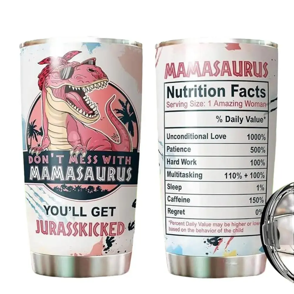 Funny Mamasaurus 20oz Thermal Metal Drink Flask - Insulated Stainless Steel Tumbler with Lid, Sarcastic Mother's Day Gift from Child (Animals-Themed Kitchenware Drinkware)