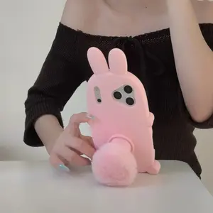 Cute Fluffy Bunny Tail Pink Silicone Cellphone Protector Case Casing For iPhone 17 16 15 14 13 Pro Max - Shockproof Protective Cover