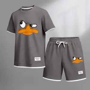 Men's Funny Duck Print Waffle Fabric Short-Sleeved Shirt And Shorts Set Casual Breathable