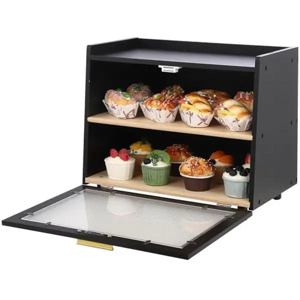 Large two-tiered bamboo bread box with viewing window – airtight bread box for kitchen countertop – vintage storage for bread, rolls & muffins – country style – color: black