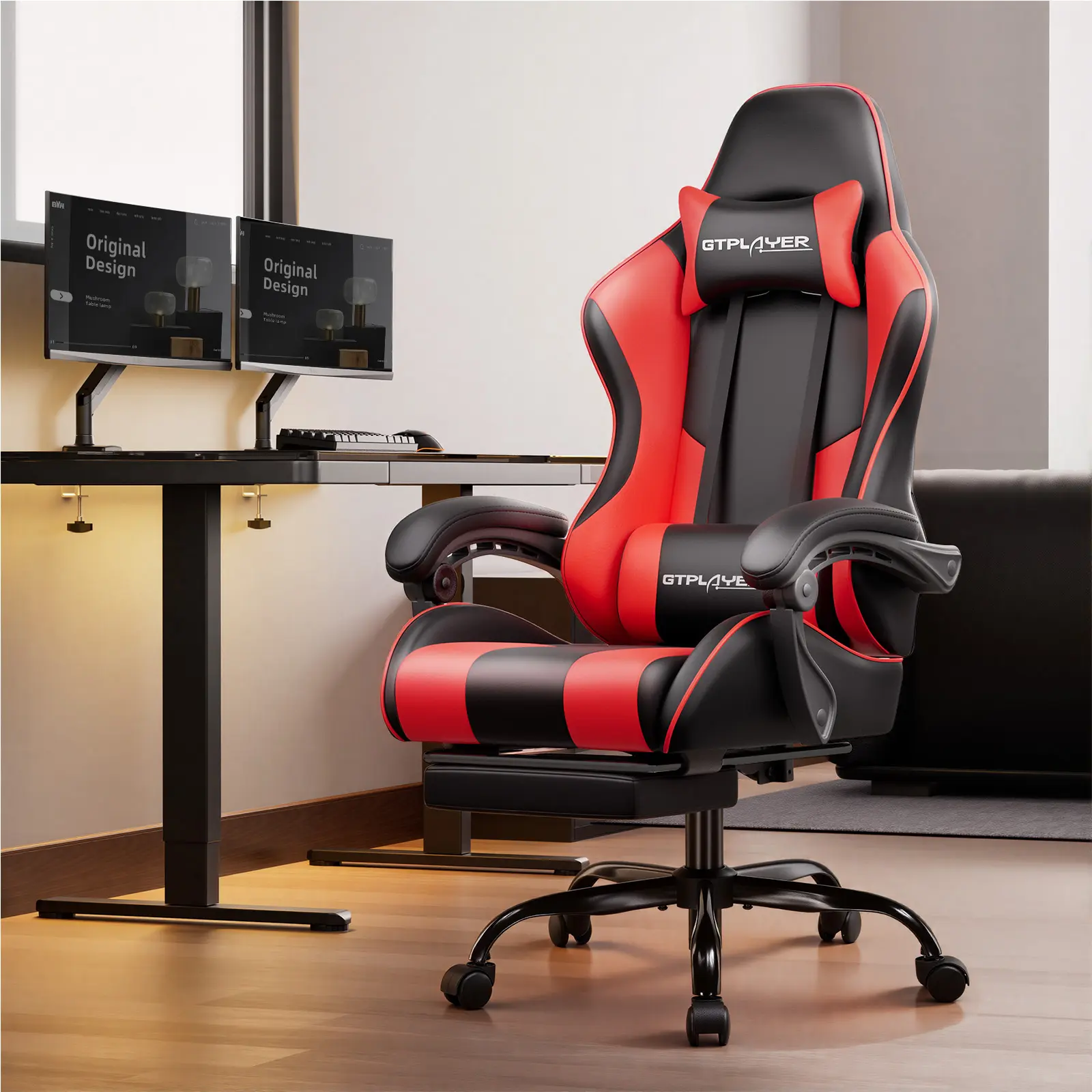 GTPlayer Classic Ergonomic Computer Gaming Chair - PU Leather/Fabric Office Furniture, 360° Swivel Desk Chair with Padded Arms, Footrest, Lumbar Waist Relief, Headrest Eases Neck Fatigue, Height Adjustment, Built for Gaming and Office