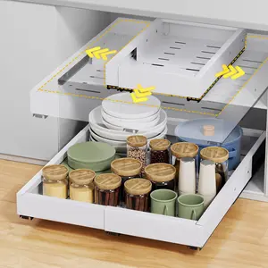 2pcs Expandable Pull-Out Cabinet Organizers, 21" Deep Slide-Out Drawers with Raising Pads for Framed Cabinets, Heavy-Duty 3-Rail Roll-Out Shelves, Adjustable Width 12.05"-20.4", No-Drill Adhesive Installation (White)