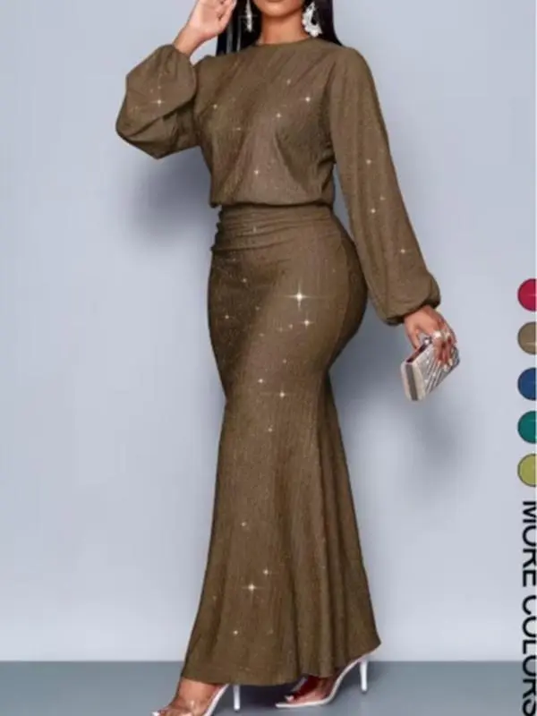 Women Glitter Sparkly Two Piece Outfit Round Neck Lantern Long Sleeve Top High Waist Ruched Mermaid Maxi Skirt Formal Party Suit For Wedding Guest Dinner Birthday Club Evening Occasions