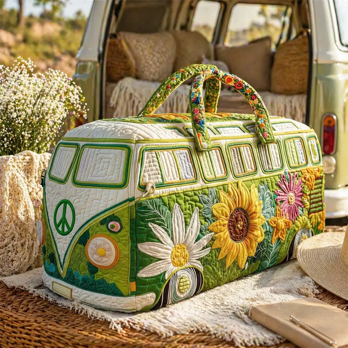 Women’s Quilted Floral Weekender Bag, Retro Van Travel Duffel, Large Capacity Carry On Overnight Tote with Sunflower Daisy Print for Vacation, Road Trip, Beach, Gym, Weekend Getaway