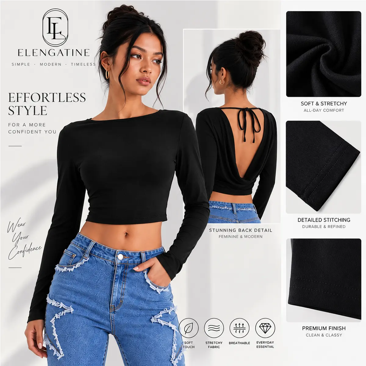 Elengatine Women's Comfortable Elegant Soft Viscose Fabric Long Sleeve Top Blouse - Chic Black, Slim Draped Cowl Backless, Casual Round Neck with Back Tie, Minimalist Streetwear, Fall Party Outfit (Accessories Compatible)