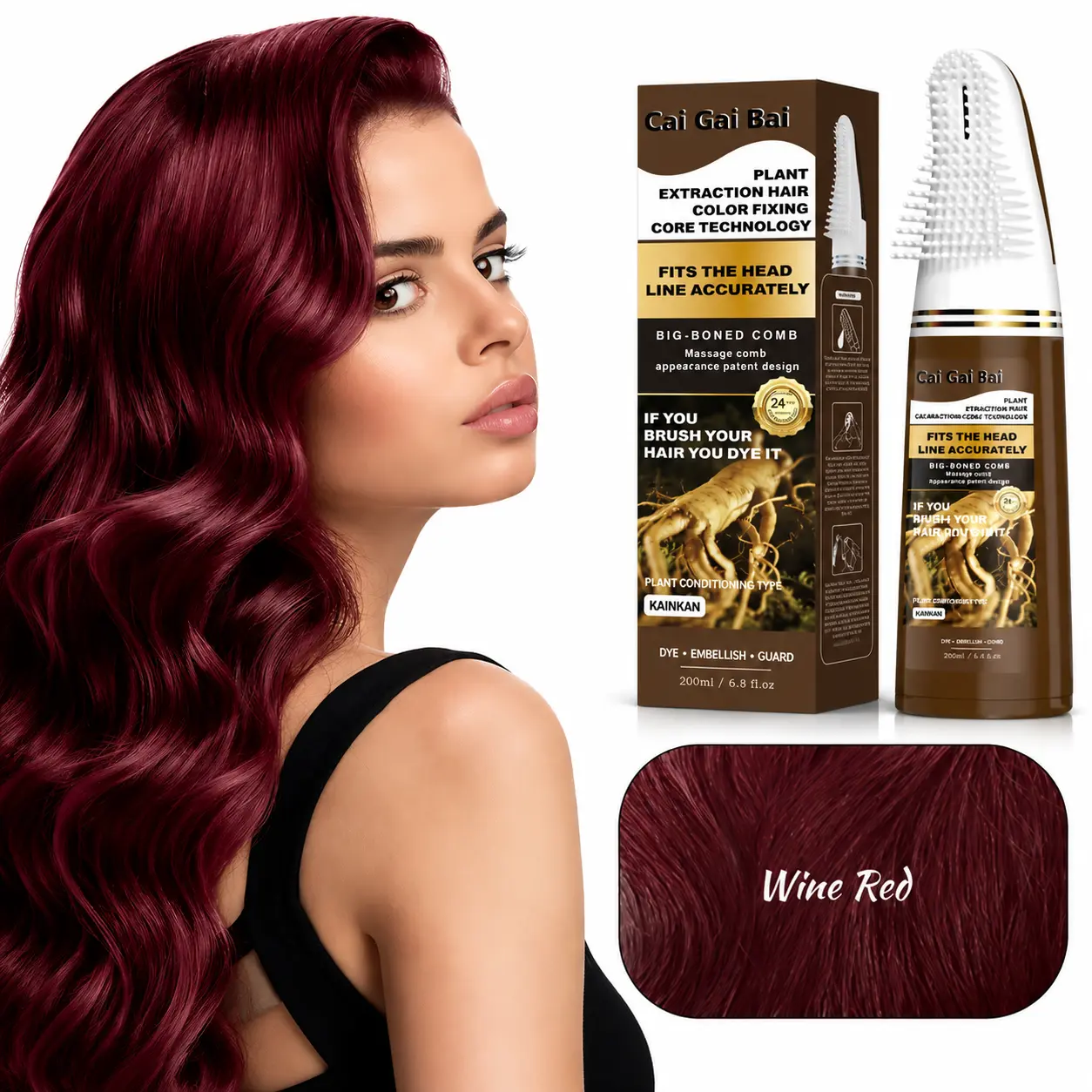 Cai Gai Bai 200ml Wine Red Plant Hair Color Comb Dye Kit, 1-Step DIY Self-Dye with Built-In Massage Comb, Natural Ginger & Ginseng Extract Hair Care, Waterproof Long-Lasting Anti-Fade for Gray Root Coverage