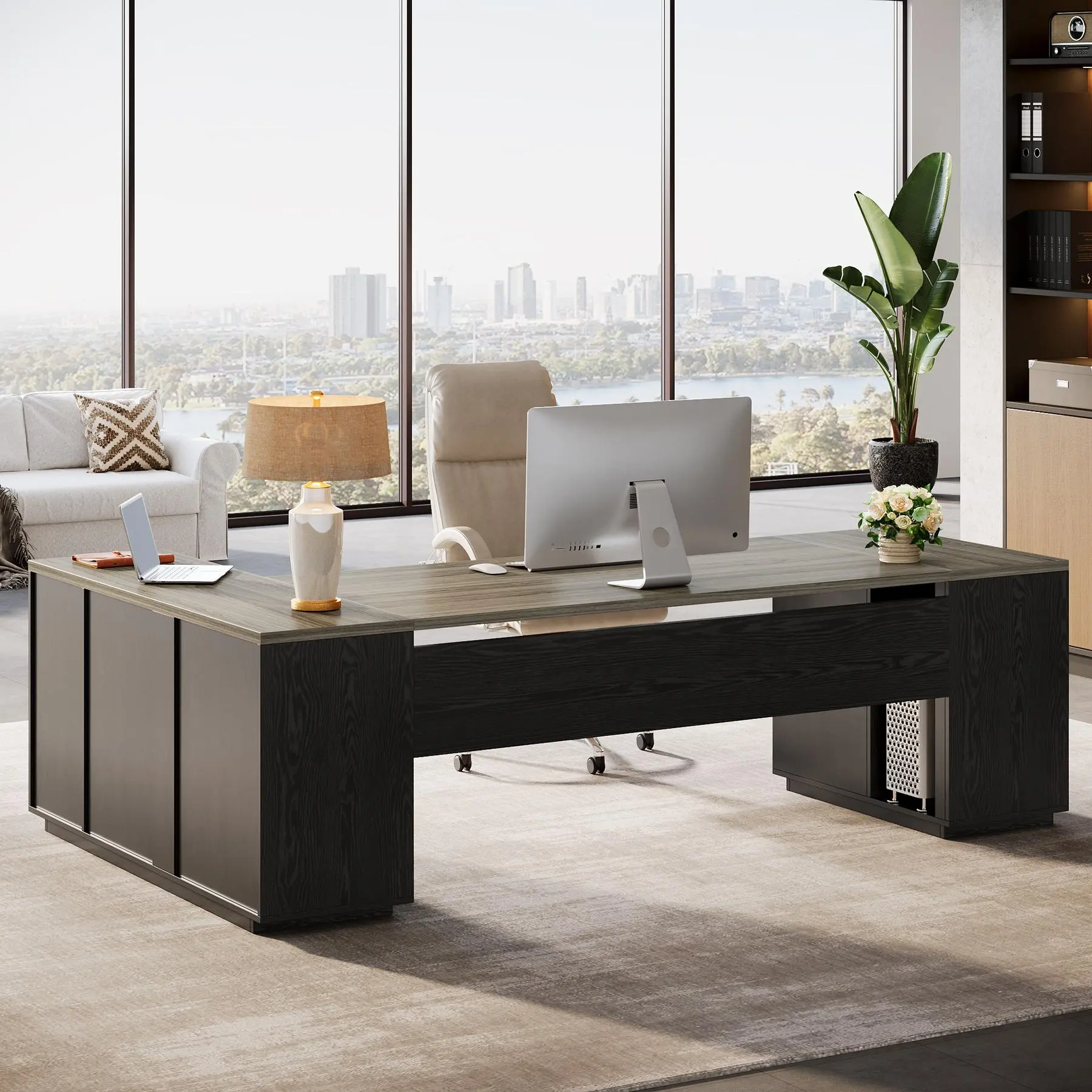 TRIBEWOOD 54.7" D x 85.8" W Black-Gray L-Shaped Durable Executive Desk, Commercial Office Furniture with File Drawers, Storage Cabinet, Adjustable Shelves, Dual Monitor Setup, CPU Compartment for Work From Home Home Office Ideas, Storage Organization
