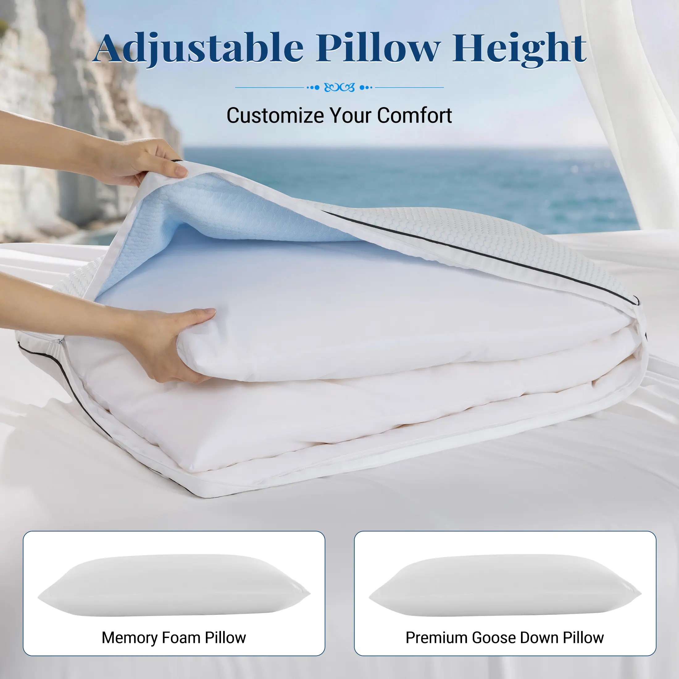White Goose Down Cooling Sleep Pillow - Hotel Luxury Bedding, Dual Down & Memory Foam Fill, Adjustable Loft, Anti-Allergic, Anti-Dust Mite, Breathable, Ergonomic Neck Support, Skin-Friendly, Machine Washable, Flat Weave for Side/Back Sleepers