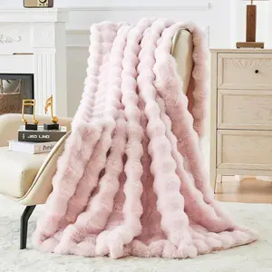 Faux Fur Throw Blanket for Couch, Fuzzy Soft Plush Thick Warm Bubble for Sofa Bed Living Room Décor, Cute Luxury Cozy Throw Gift for Girls, 50"x60", Pink