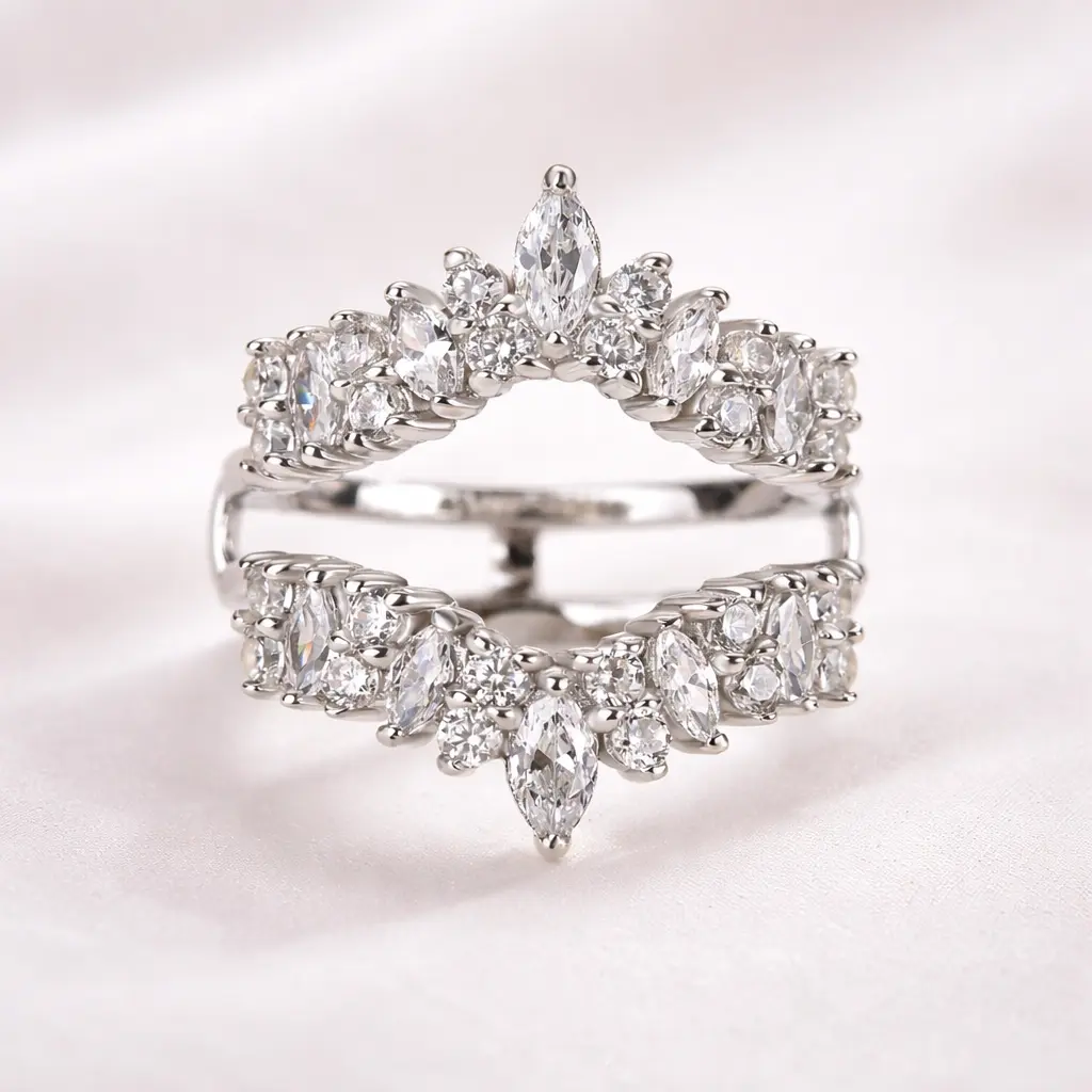 Effinny Jewelry 925 Sterling Silver Unique Jacket Wedding Band,3.0ct Marquise Cut&Round Cut 5A Cubic Zirconia Insert Stackable Ring Enhancer for Women, Birthday, Female