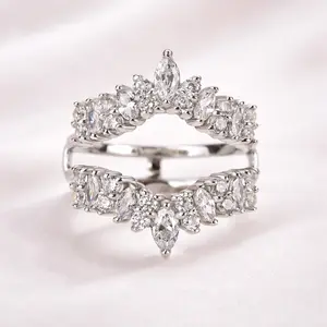 Effinny Jewelry 925 Sterling Silver Unique Jacket Wedding Band,3.0ct Marquise Cut&Round Cut 5A Cubic Zirconia Insert Stackable Ring Enhancer for Women