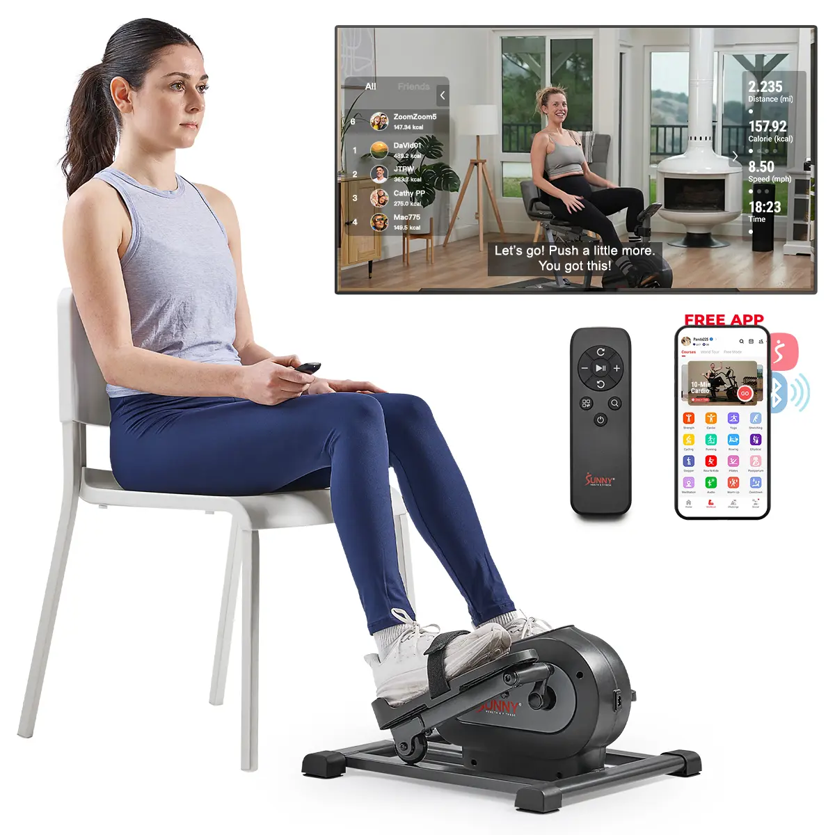 Sunny Health & Fitness Motorized Mini Elliptical with 18 Speed Levels & Remote Low Impact Exercise for Seniors Underdesk Fully Assembled Anti-Slip Pedals