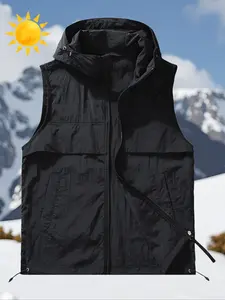 Men's Solid Zip Up Hooded Vest Jacket Gilet, Regular Fit Casual Breathable Sun Protection Vest Jacket for Summer, Men's Clothes for Daily Wear, Tops