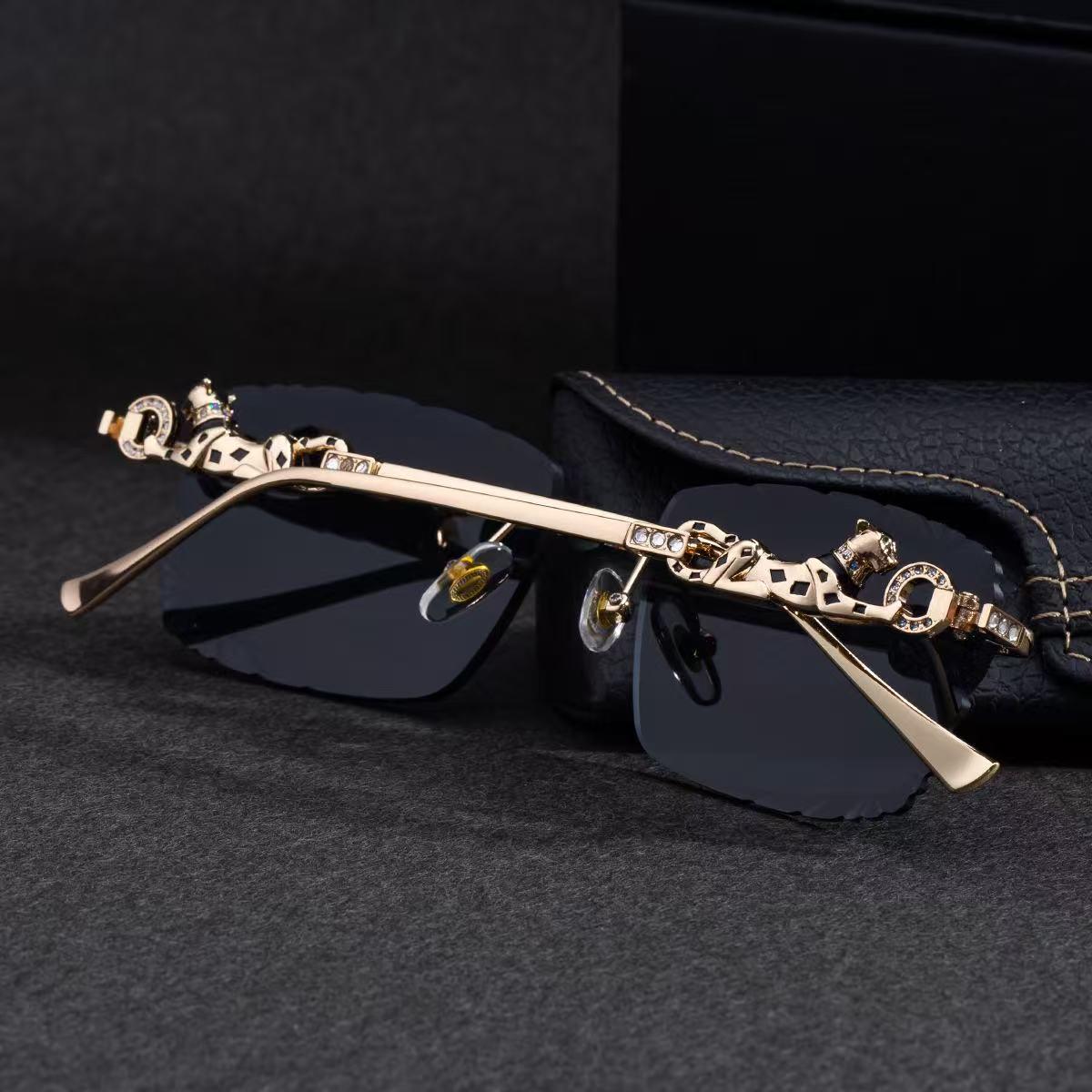 2026 High-end Edgeless Square Sun Sunglasses Leopard Diamond Men's Style