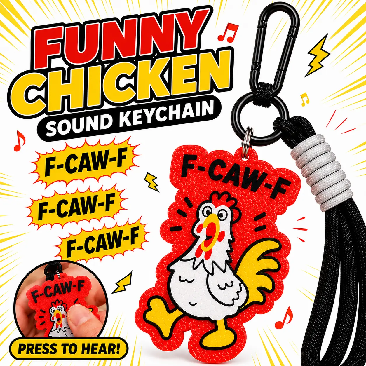 F-CAW-F Funny Chicken Sound Keychain - Cute Cartoon Chicken Bag Charm with Carabiner, Character Acrylic, Cartoon Badge, Animal Motif, Accessory Hook, Compact Design, Character Acrylic Keychains, Cartoon Badge Keychains