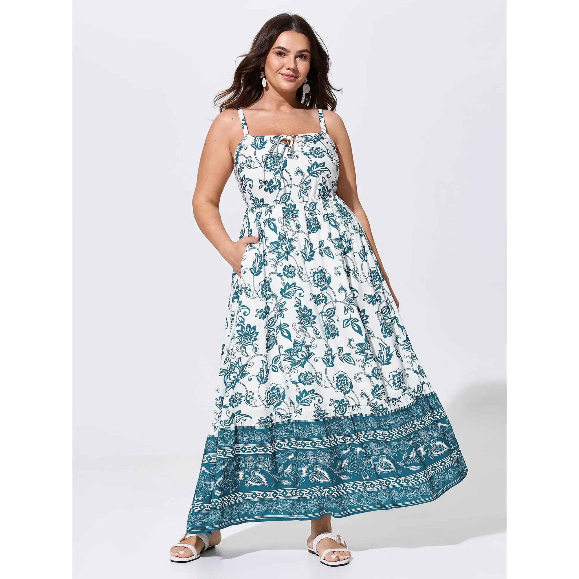 BloomChic Plus Size Ditsy Floral Smocked Midi Dress with Neck-Tie, Sleeveless Resort-Style Curvy Clothing in Smooth Low-Iron Rayon, Polyester, Garment, Casual, Fabric, Pocket, Women's Clothes