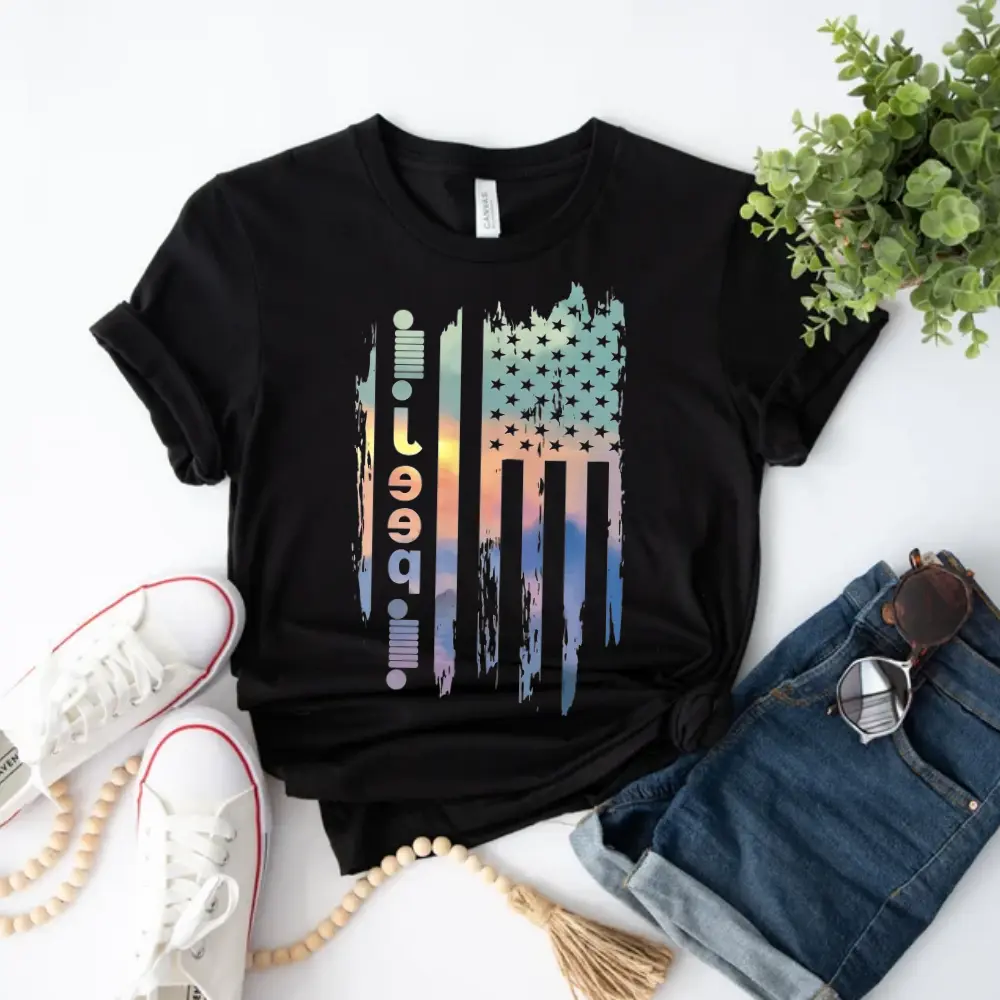 Retro Jeep American Flag T-Shirt – Vintage Off-Road Truck Graphic Pullover, Rugged Outdoor Crewneck for Men