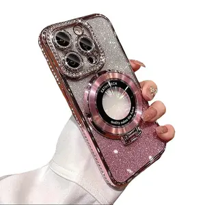 Magnetic Rhinestone Diamond Glitter Phone Case for iPhone 11-16 Pro Max/Plus Shiny Protector with Foldable Stand & Glitter Card Cover MagSafe Compatible