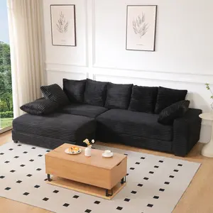 Niccae 108.6" Sectional Sofa,Includes Storage Ottoman Thickened Corduroy Sectional Couches For Living Room,comfortable L-shaped Chaise Sectional Sofa With Storage Ottoman,Eight Throw Pillows,Black