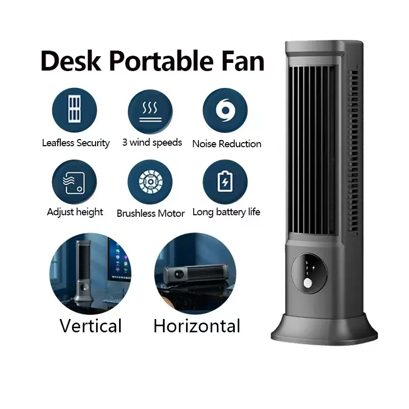 Light Gray Portable Bladeless Tower Fan - USB Rechargeable USB Powered Lightweight Cooling Personal Adjustable Fan, Horizontal-Vertical Dual-Purpose, 3 Wind Speeds, Fast Charging Long-Lasting Battery, Ideal for Home, Camping, Usb Powered Fan