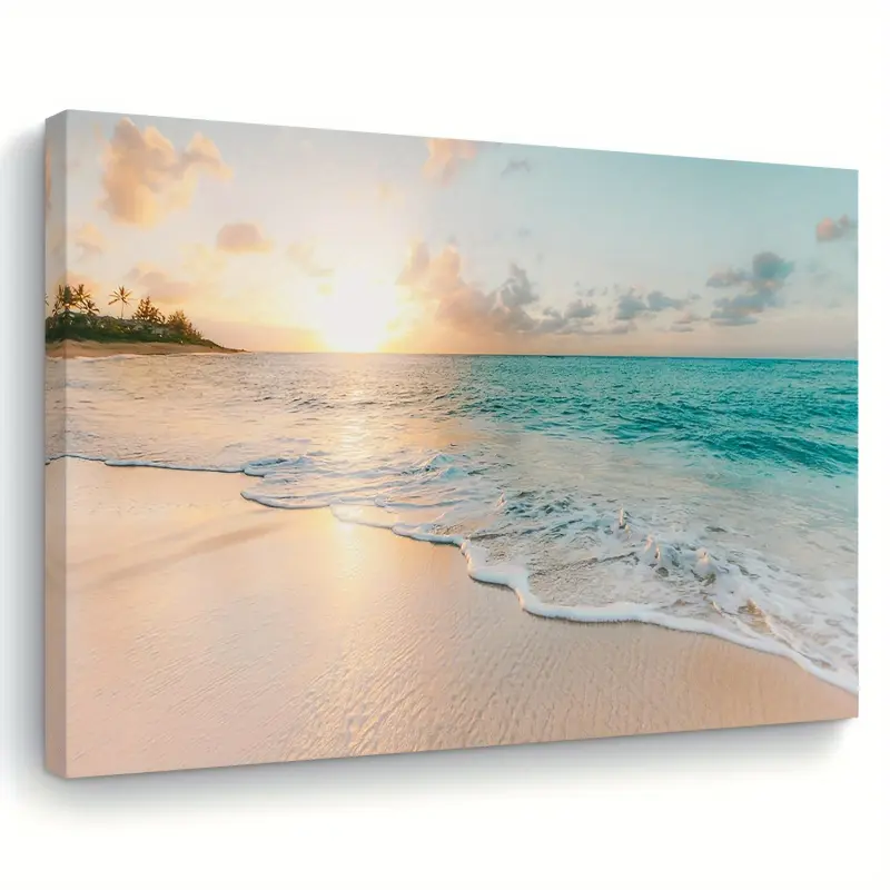 A Beach Sunset Canvas Wall Art with Wooden Frame, Ocean Inspired Design Coastal Landscape Print, Modern Home Decor, Suitable for Home and Office Decoration, Bachelorette Party Gift, Hanging Painting for Living Room, Bedroom, Kitchen