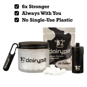 DairyPill Lactase Enzyme Pills 18,000 FCCs - Prevent Bloating Gas & Cramps Relief Supplement for Lactose Intolerance Eco-Friendly Keychain Carrier