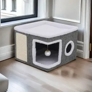 A Cat Bed Suitable For Indoor Cats, With A Large Cat Hole For A Comfortable Apartment, Fluffy Hanging Balls, Round Windows, A Foldable Indoor Cat House, Capable Of Bearing Up To 30 Pounds , With Double-Sided Soft Cushions, Suitable For All Seasons