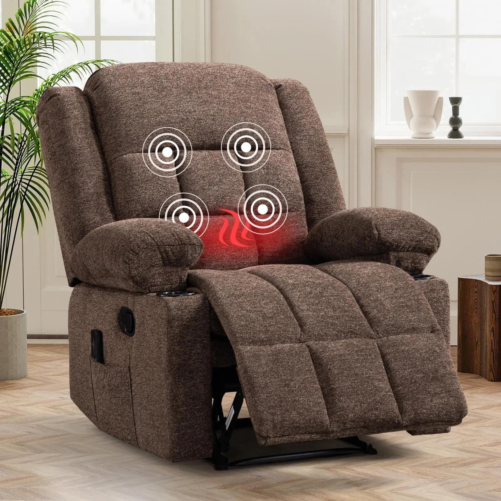 Ebello Plush Overstuffed 37-in Wide Durable Manual Reclining Velvet Single Sofa Chair - Wall-Hugging Fabric Couch with Padded Arms, Ergonomic Wood Frame, Resting Support for Adults, Small Home Spaces, Gray & Brown, Tidy Wallhug Form, Recline Your Way