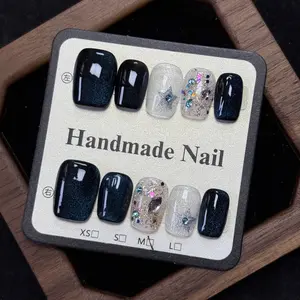 No Cheap Flair! Black Silver Color Block Exquisite Hand-Painted Press On Fake Nails, Reusable, 3D Star Glitter Design, Euro-Style Luxury Nails