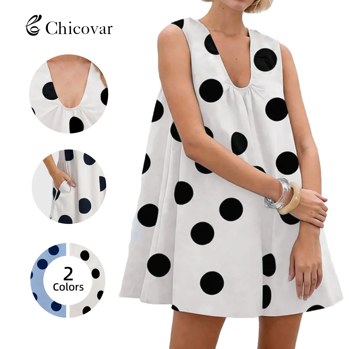 Chicovar Women's Polka Dot Print Cute Mini Dress, Side Pockets, No Sheer, Summer Casual Sleeveless Beach Outfit, Loose Fit, A-Line, Flowy, U Neck, Perfect for Baby Shower, Vacation, Daily, Party, Summervibes