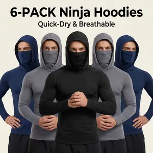 【6-Pack】men's outdoor work sun protection clothing with sun-blocking hoodie, featuring built-in face mask and neck guard, breathable long-sleeve hoodie