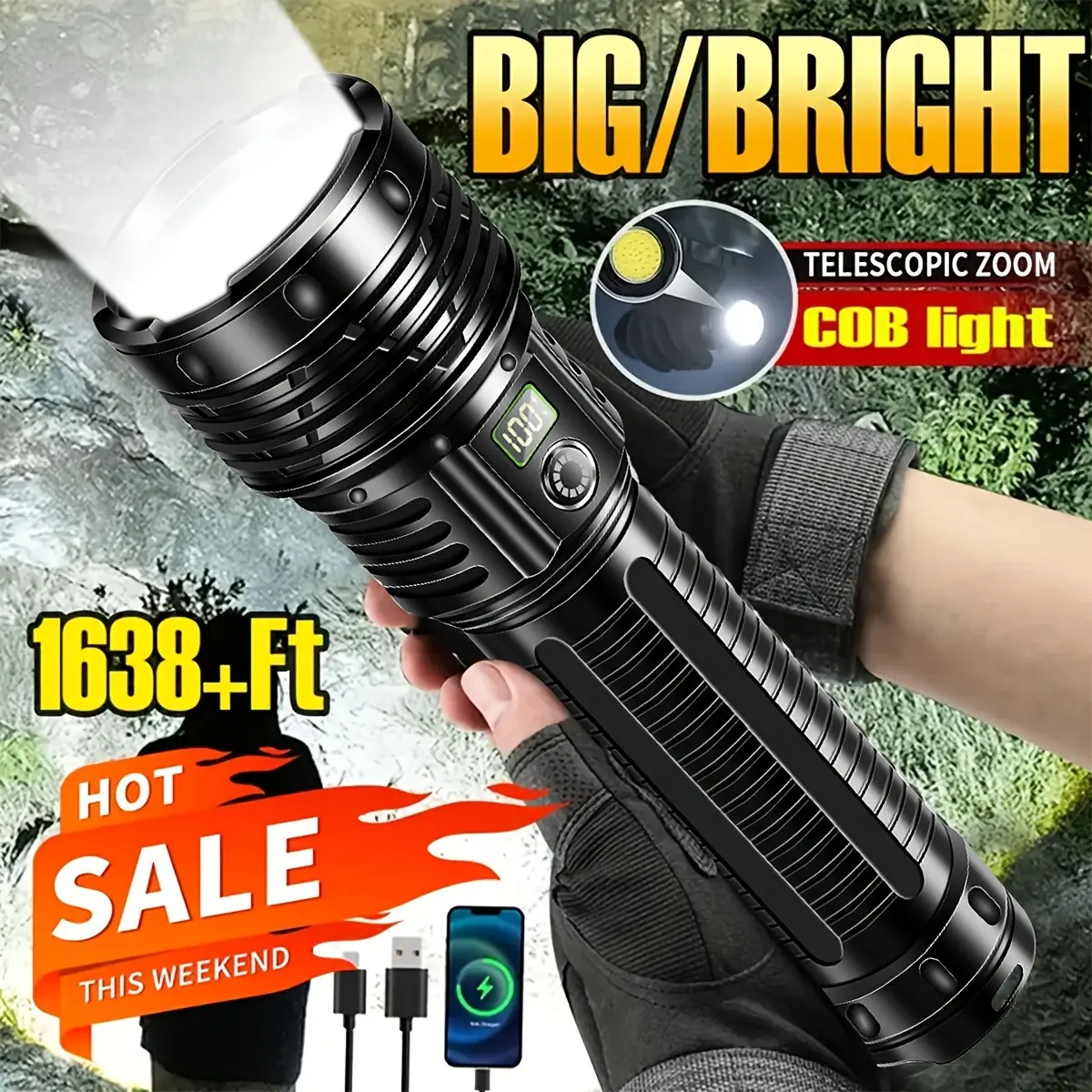 Super Powerful Rechargeable Telescopic Zoom Torch with COB Light - USB-C Charging, Lithium Battery, Adjustable Beam, 10000+ Lumens, 1000+ Lux, 1000+ Lumens, Portable Emergency Flashlight for Outdoor Use, High Lumens Flashlight, High Lumen Flashlights
