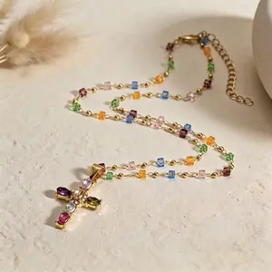 Ultra-Sparkling Multicolored Zirconia Rainbow Cross Pendant  - Dainty Multicolor Faith Cross ,Vintage Glam &  Vibes for Women Girls,Colorful Sparkle Perfect for Daily Outfits Church & Festivals jewelry  jewellery Jesus Crucifix ankh necklace y2k