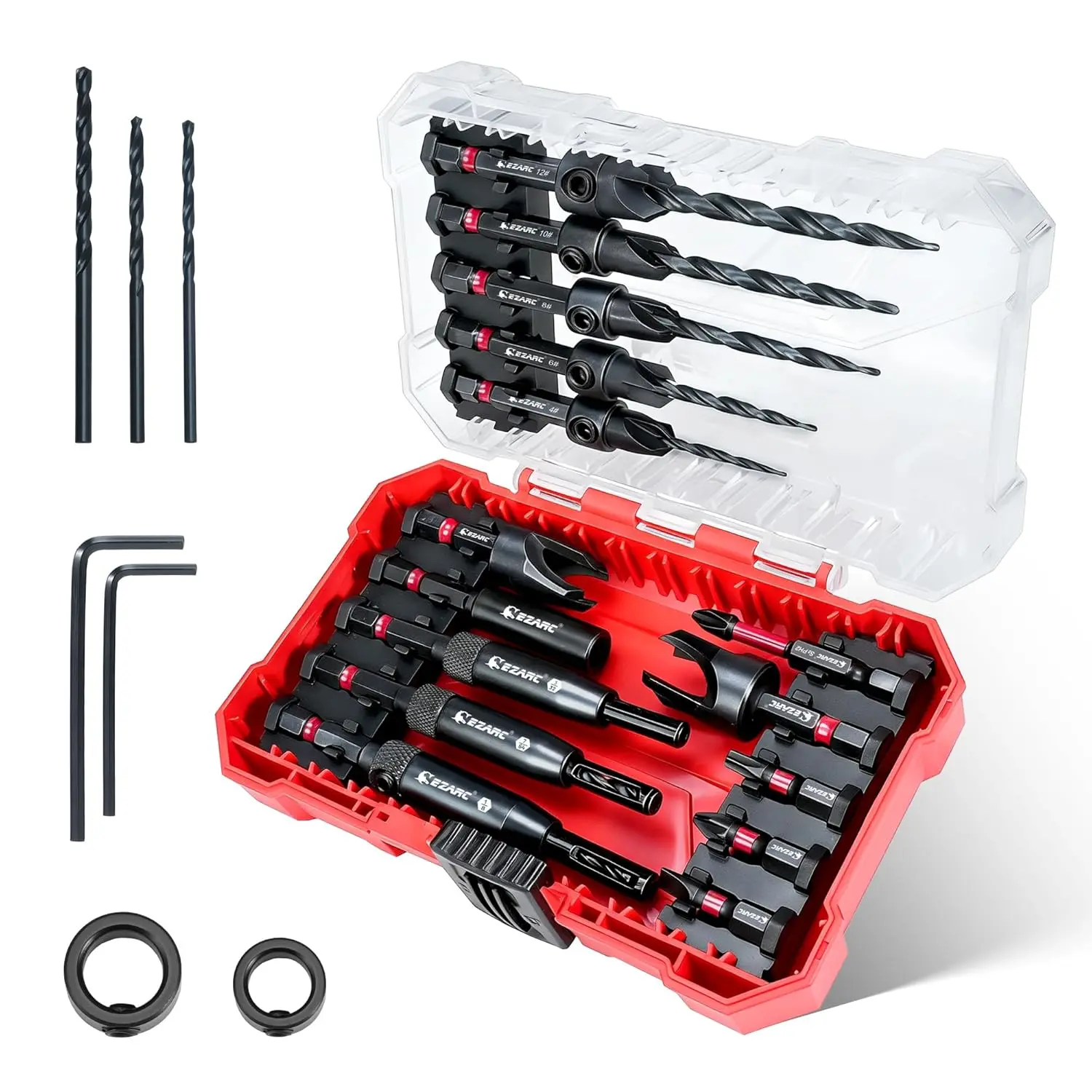 EZARC 14PCS Self Centering Drill Bit Set - 1/4" Hex Shank Drill Bits Sets with Replacements, Screwdriver Heads, Holder, Storage Box for Cabinet Hinges, Woodworking