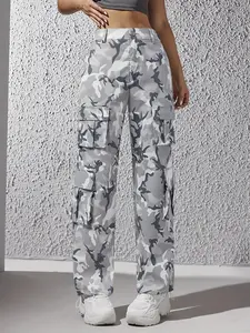 Women's Camo Print High Waist Drawstring Hem Cargo Pants, Casual Flap Pocket Button Wide Leg Trousers for Spring & Fall, Women's Bottoms for Daily Wear, Casual Streetwear Pants