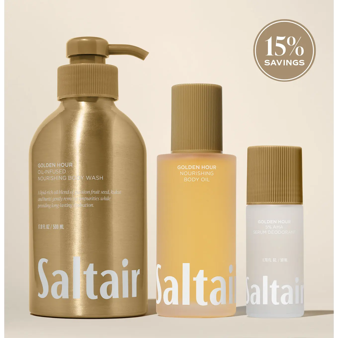 Saltair Golden Hour Essentials Set - Oil-Infused Body Wash (17 fl oz), Nourishing Body Oil (4 fl oz) & AHA Serum Roll-On Deodorant (1.7 fl oz) Bundle for Soft, Glowing Skin - Radiant Sunflower, Juicy Pineapple, Fresh Coconut.