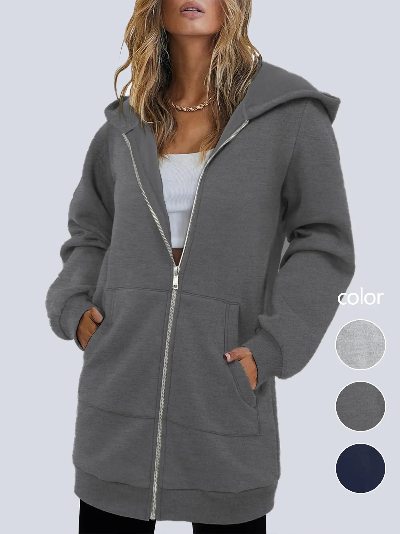 Women's Minimalist Long Sleeve Solid Color Polyester Blend Hoodie - Front-Zip, Loose-Fit Lounge Top with Pockets, Machine Washable, Versatile Casual Sweatshirt, Sweatshirts