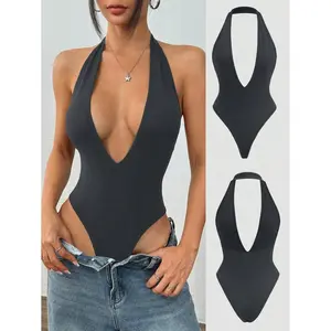 Flirla Black Deep V-Neck Halter Backless Tight Casual Bodysuit, Minimalist & Sexy Style For Women