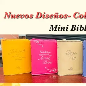 Mini Biblia en diferentes colores con cierre y índice.