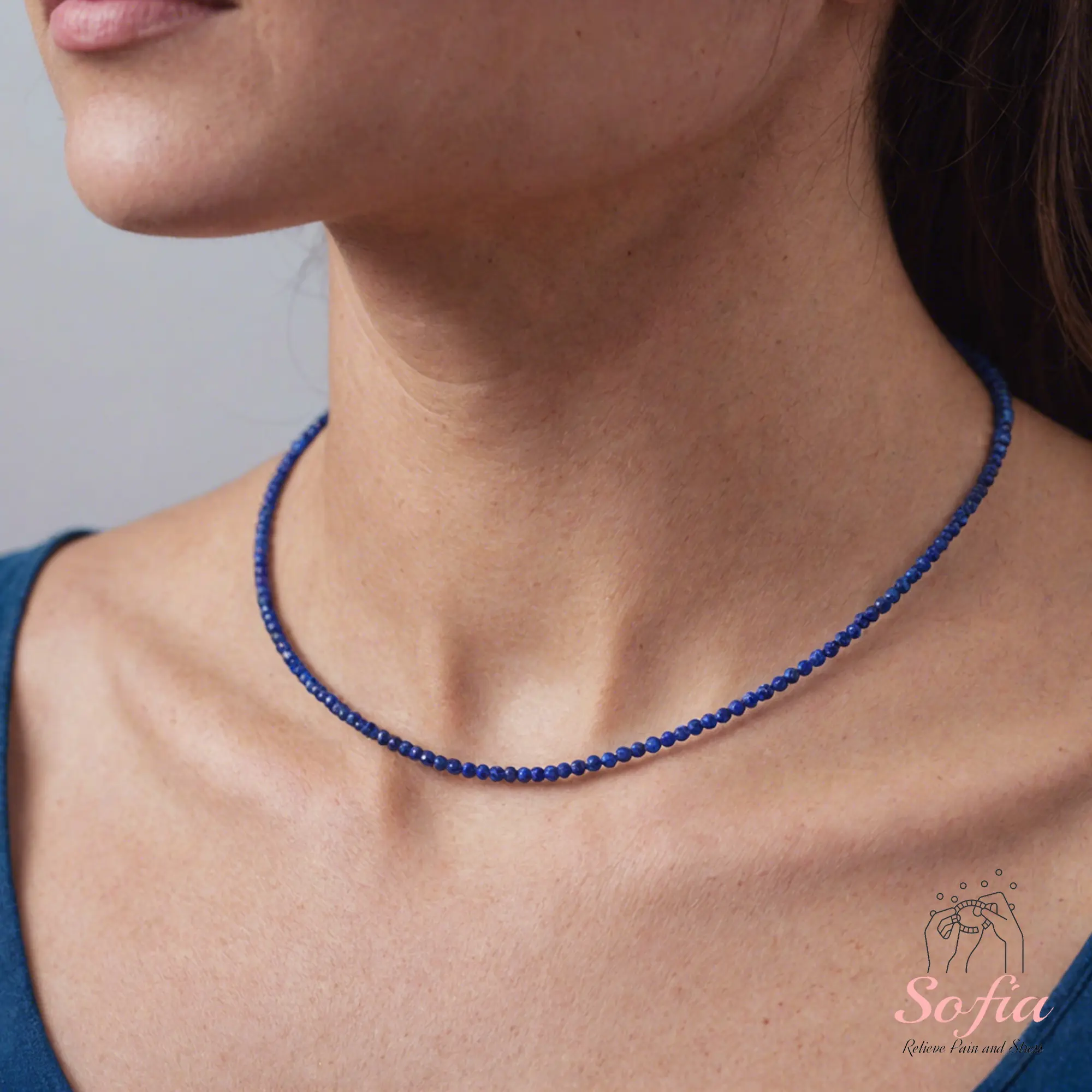 Women's Handmade 16" Length Lapis Lazuli Beads Choker Necklace - Adjustable, 2-3 Mm Tiny Faceted Natural Stones, Waterproof Crystal, Elegant Minimalist Style for Adults' Daily Wear, Gift Option, Beaded Chain