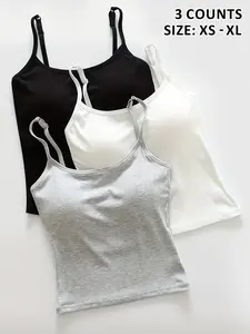 Women's Plain Ribbed Camisole Top with Padded Bra,Available in 12 Colors，Fitted Casual Vest for All Seasons, Thin Sexy Underwear for Daily Wear