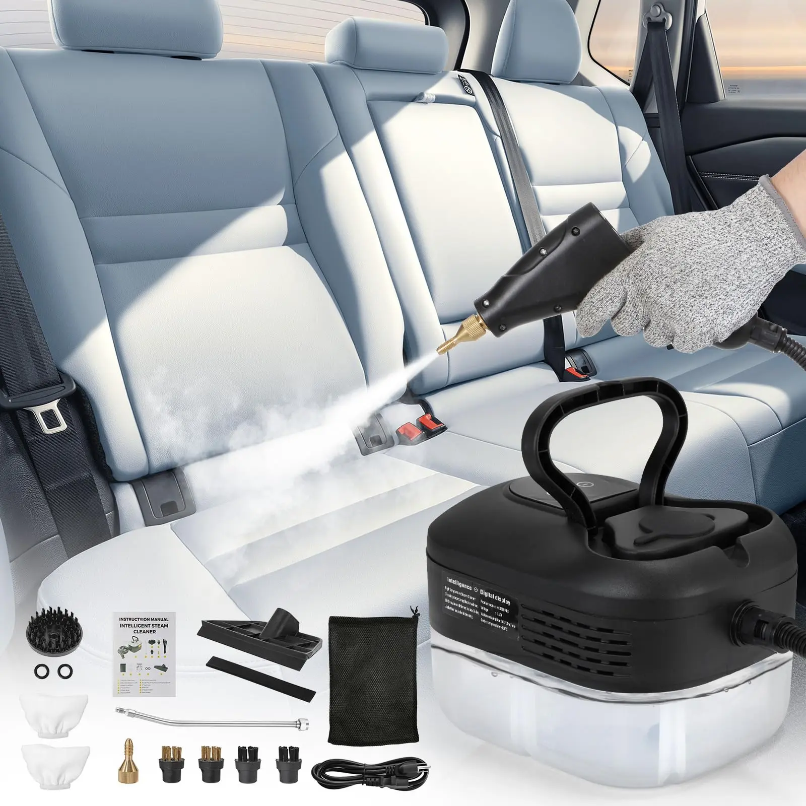 Steam Cleaner For Car Detailing 1.2l (41oz) Water Tank Portable Handheld Steamer Cleaning High Multipurpose Machine  Black