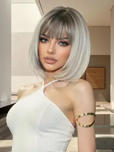 20 Inch Highlighted Long Bangs Heat Resistant Fiber Wig, Short Straight Hair Synthetic Full Head Cover, Natural Realistic Look for Women