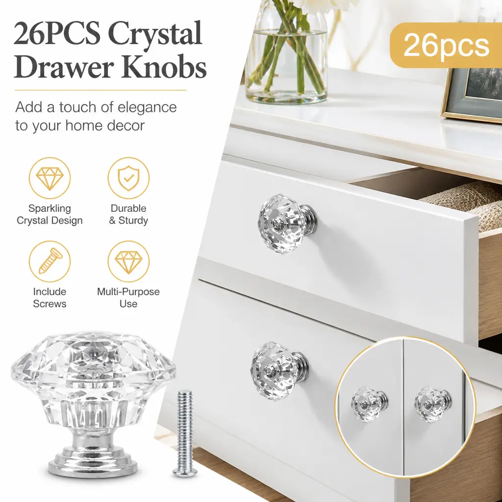 26 Pack Crystal Diamond Drawer Knobs – Clear Acrylic Cabinet Pulls for Kitchen, Dresser, Cupboard, Bling Furniture Hardware – Summer Sale, Mid Year Sale, Deals for You