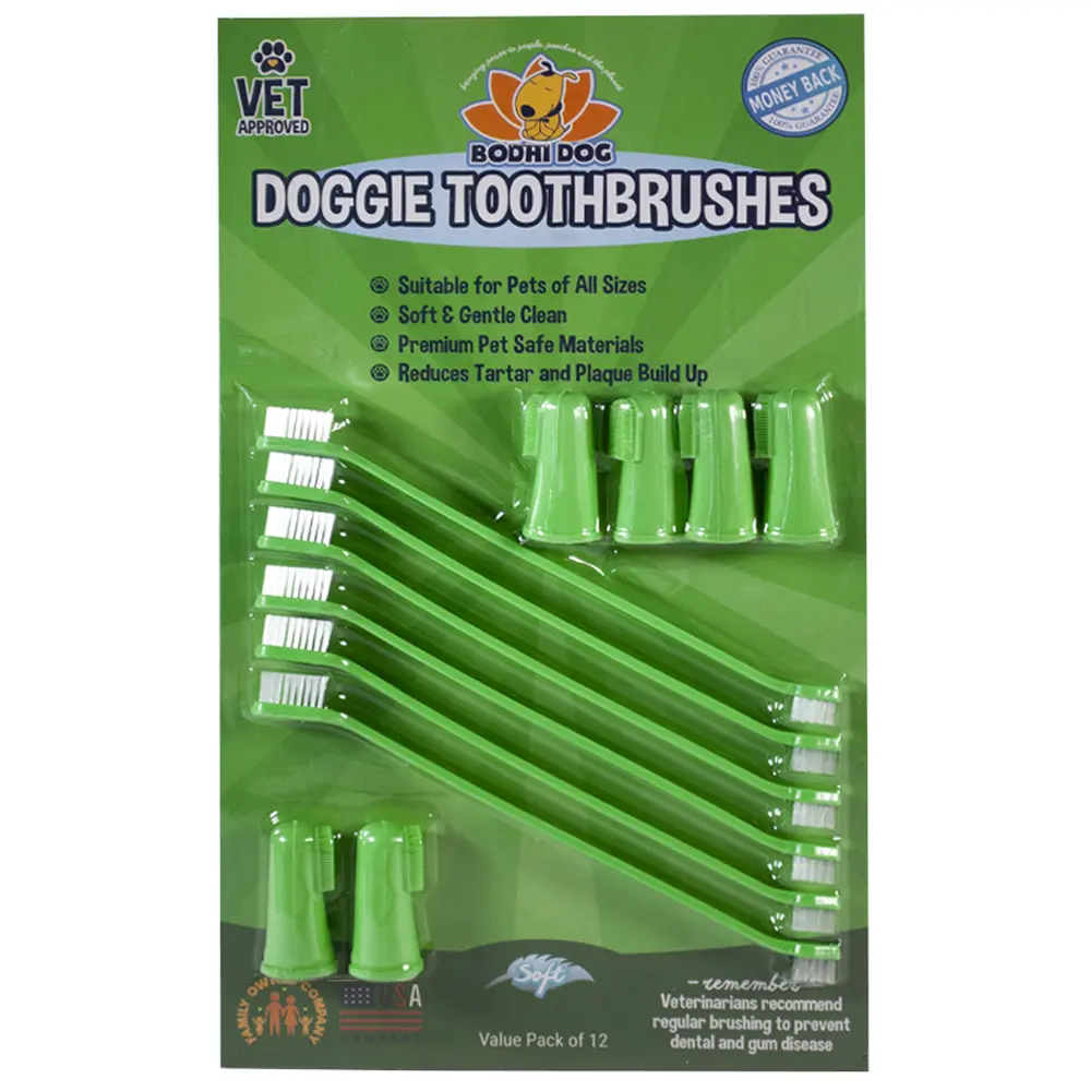 Dog Toothbrush Combo Pack - Soft Finger & Dual-Ended Long Toothbrushes for Dental Care, 6 Long & 6 Finger Brushes, Premium Dog Materials from Bodhi Dog