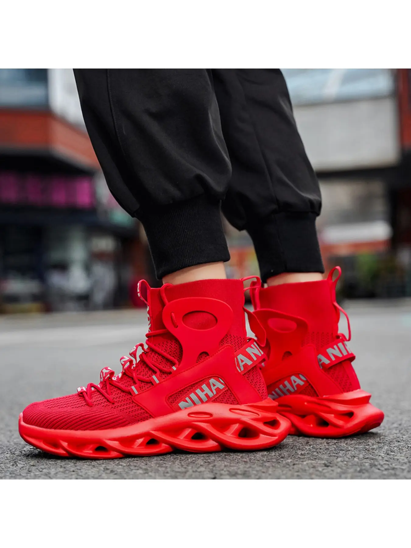 Men's high-top flyknit sports shoes, Athletic Shoes, Running Blade Sneakers, Workout Sneakers, trendy blade sole, breathable and comfortable, non-slip and wear-resistant, suitable for street fashion, daily casual and outdoor sports wear.