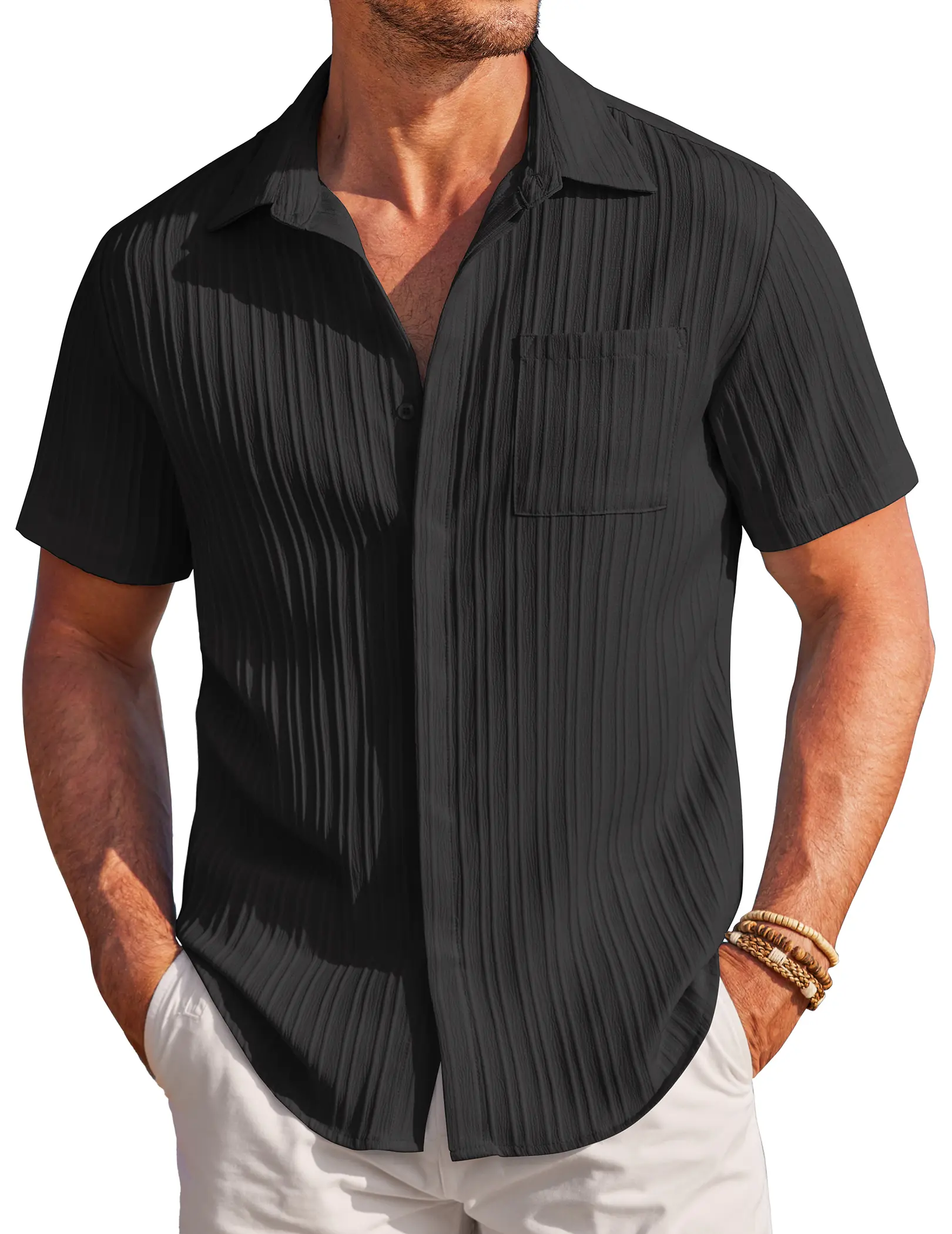 Coofandy B Men's Casual Button Down Shirt - Navy Blue Canvas Linen Texture, Loose Fit, Short Sleeve, Left Chest Pocket, Summer Beach Style