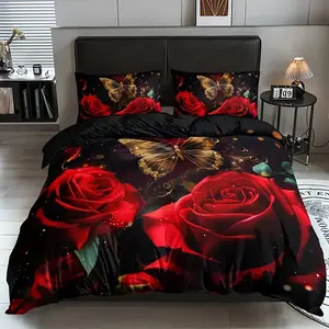 Romantic Rose Print Bedding Set, 100% Polyester Soft Breathable Fabric, All Seasons, 1 Fitted Sheet + 2 Pillowcases, Decorative Bedding Set, Bedroom Bedding Set